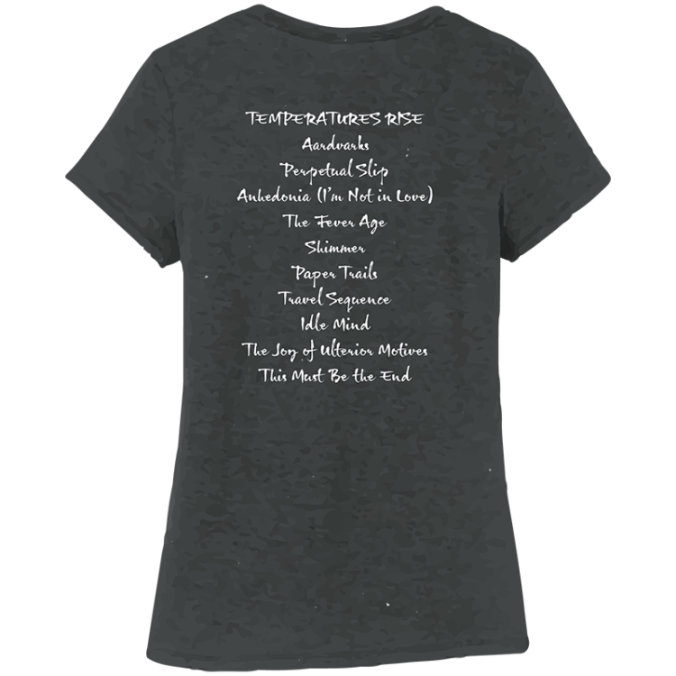 AZ Summer Womens Tee, back view, list of songs from Temperatures Rise album